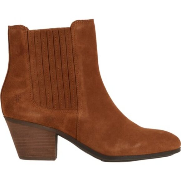 NWT $260 FRYE Sandra Cognac Brown Suede Heeled Western Chelsea Booties Sz 7.5 - Picture 3 of 10